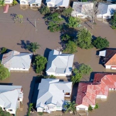 Aerial view of the rooves of houses in floodwater